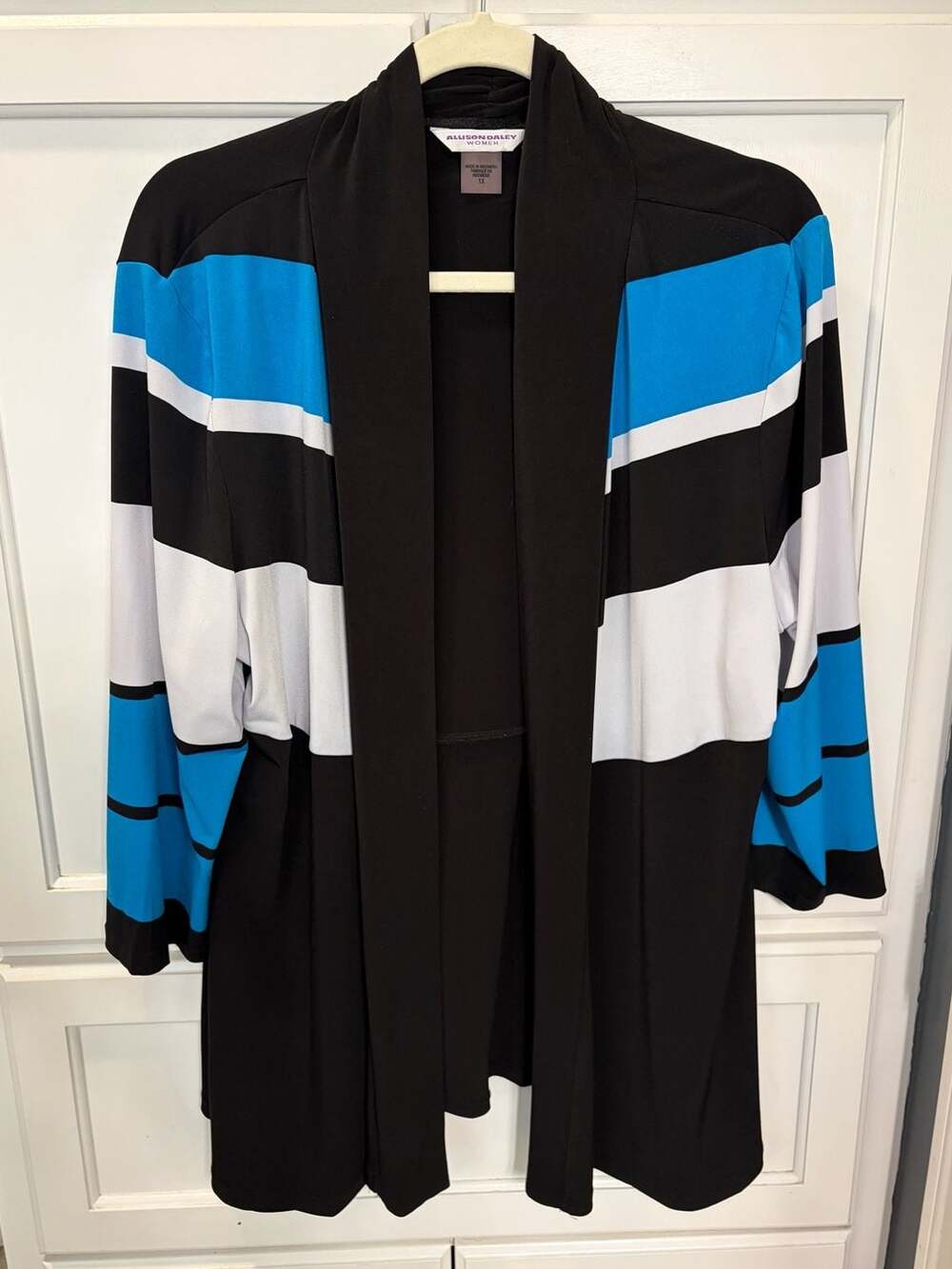 Allison Daley Women's Colorblock Open Front Cardigan Size 1X Black Blue White